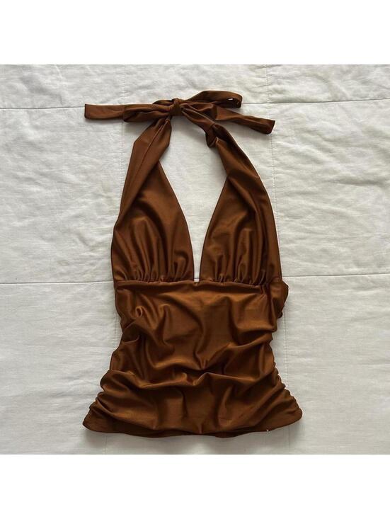 Windsor Tops - Orange Brown ruched halter neck top with tie detail Size medium